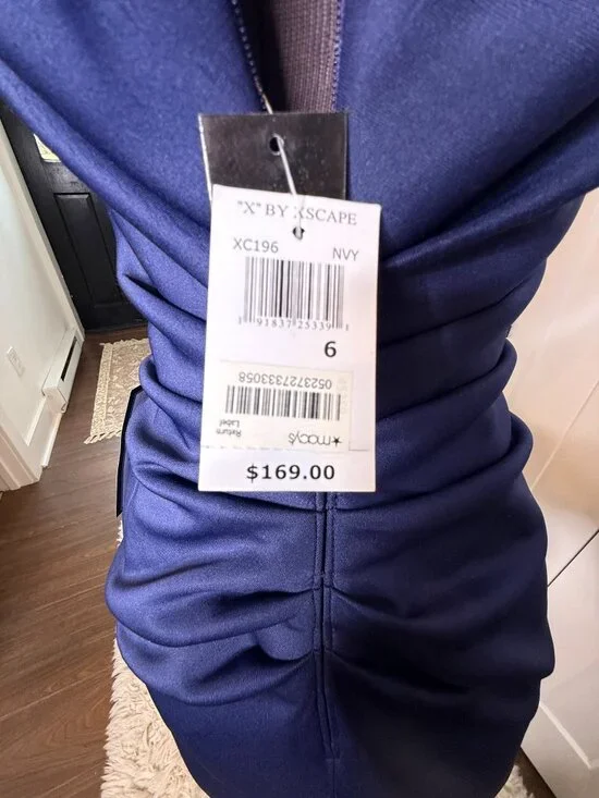 Navy Blue, Sequined Waist and Shoulder, Formal Evening Gown, Cap Sleeve, Size 6 - Picture 6 of 8